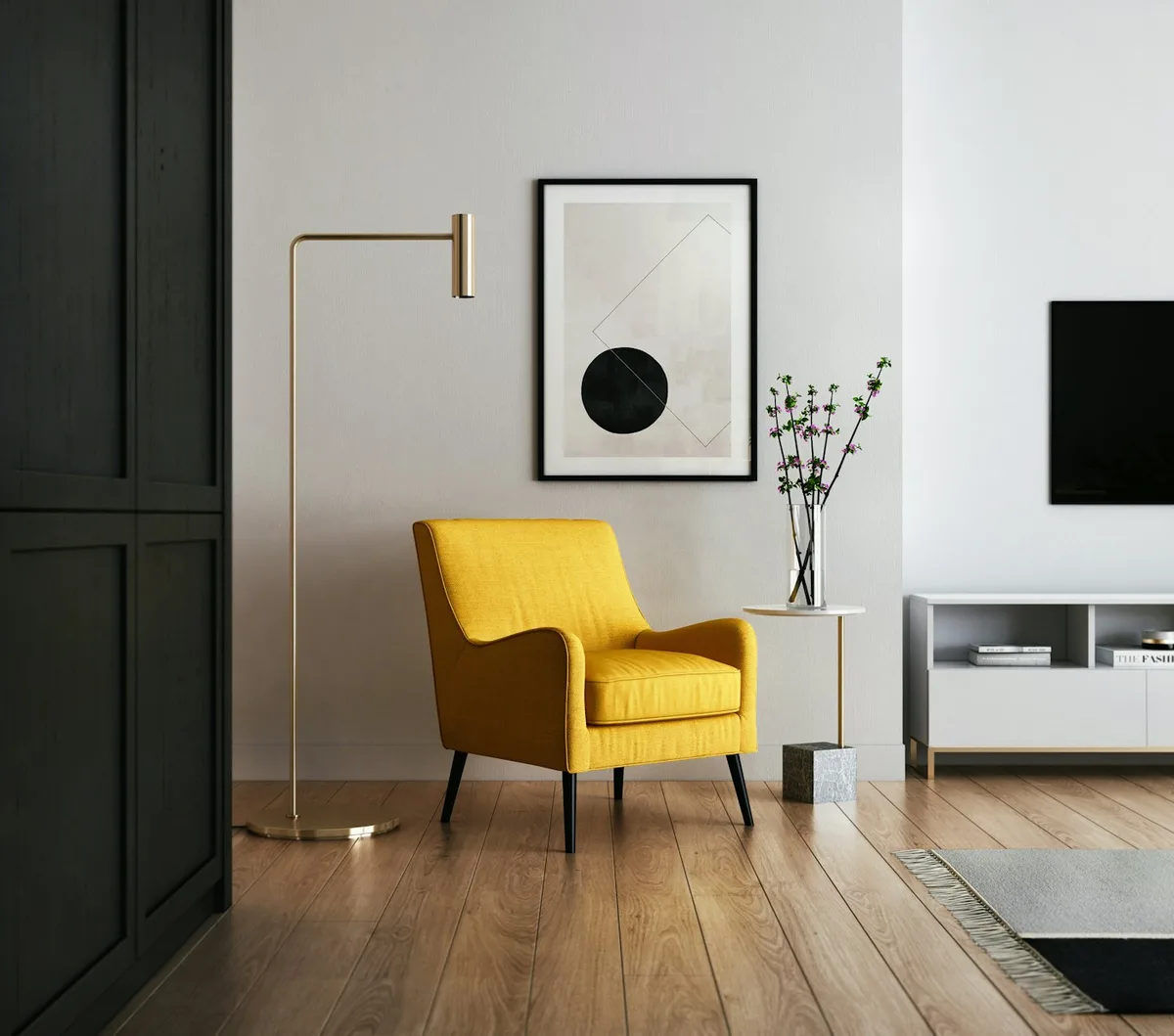 Yellow armchair and side table in a bright living room